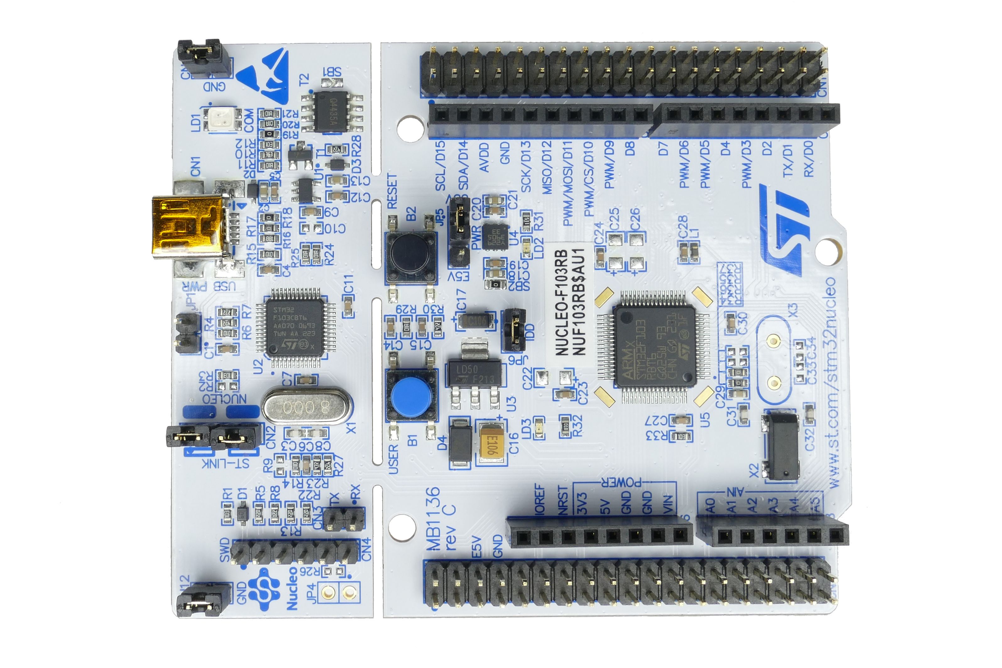 Płytka rozwojowa Nucleo-F103RB oparta mikrokontroler STM32F103RBT6.